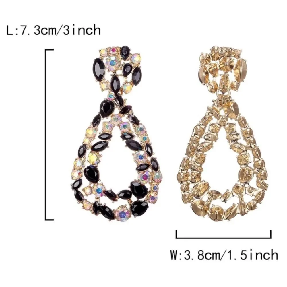 Yellow Gold with Onyx and Iridescent AB Crystal Geometric Teardrop Post Earrings